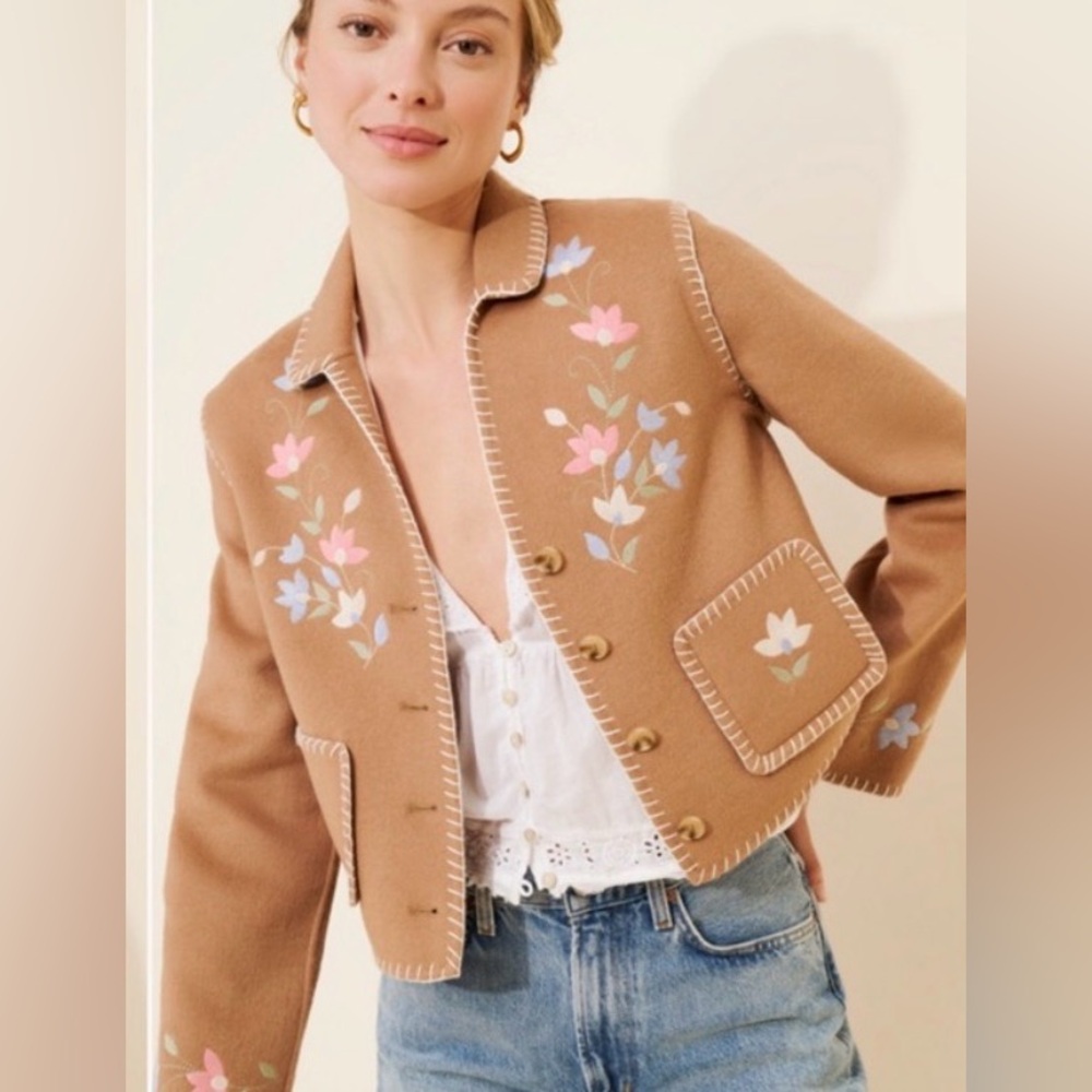 RIXO Tan Embroidered Wool Blend Jacket